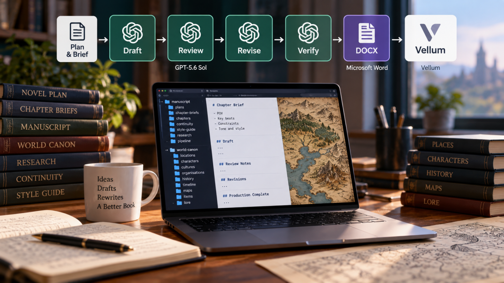 AI-assisted fantasy writing workspace with a chapter workflow from planning through Vellum