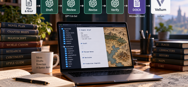 How I’m Using AI to Write a Fantasy Novel: My Current Workflow AI-assisted fantasy writing workspace with a chapter workflow from planning through Vellum